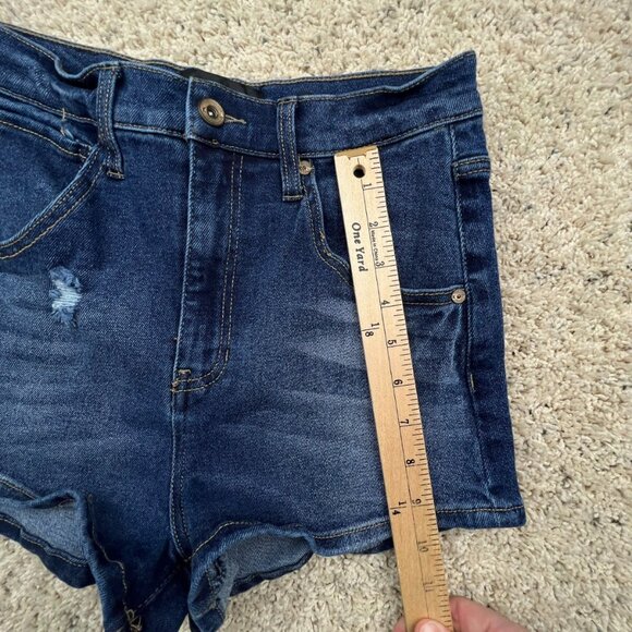 Kendall & Kylie Cut Off Blue Denim Shorts Size 5/27 w Logo Jorts Distressed - Picture 2 of 7